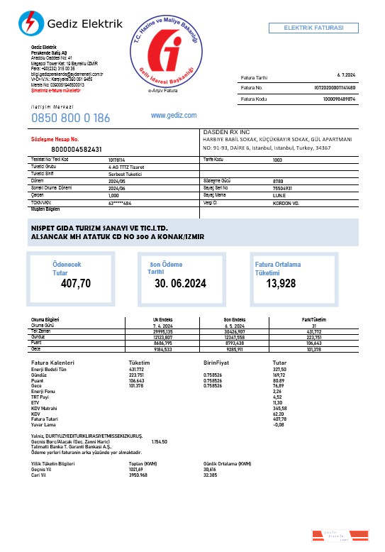 Turkey Gediz Elektrik business utility bill template in Word and PDF formats, fully editable
